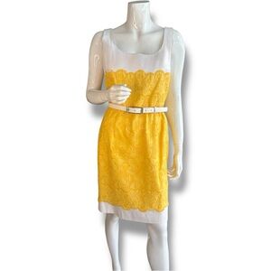 Antonio Melani Yellow & White Embroidered Belted Sleeveless Dress. Women’s Sz 10